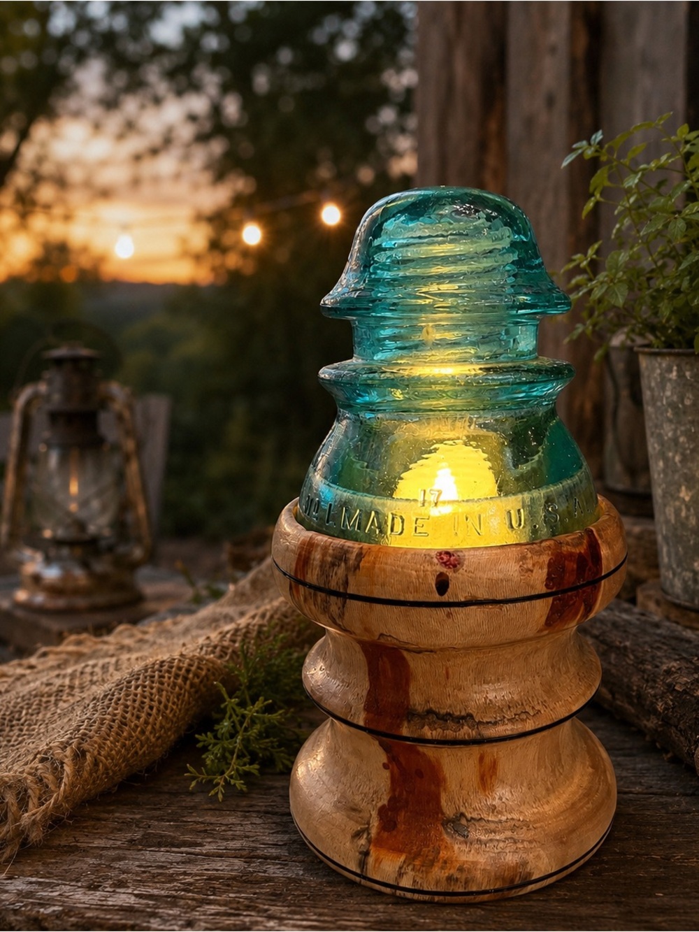 B&W Redneck Fairy Lamp Original – Teal Hemingray Insulator on Sweet Gum Base